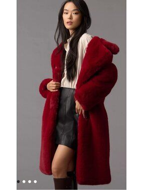 Cliche Red Faux Fur Coat Womens XL NWT Plush Teddy Double Breasted Long Jacket